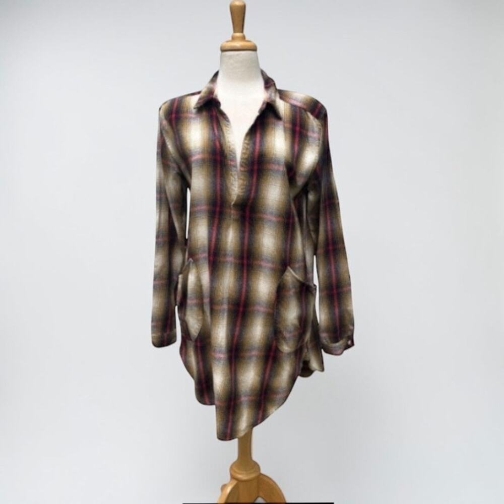 CP Shades Teton Tunic Shirt Sz S Brown Red Plaid Cotton Oversized Lagenlook